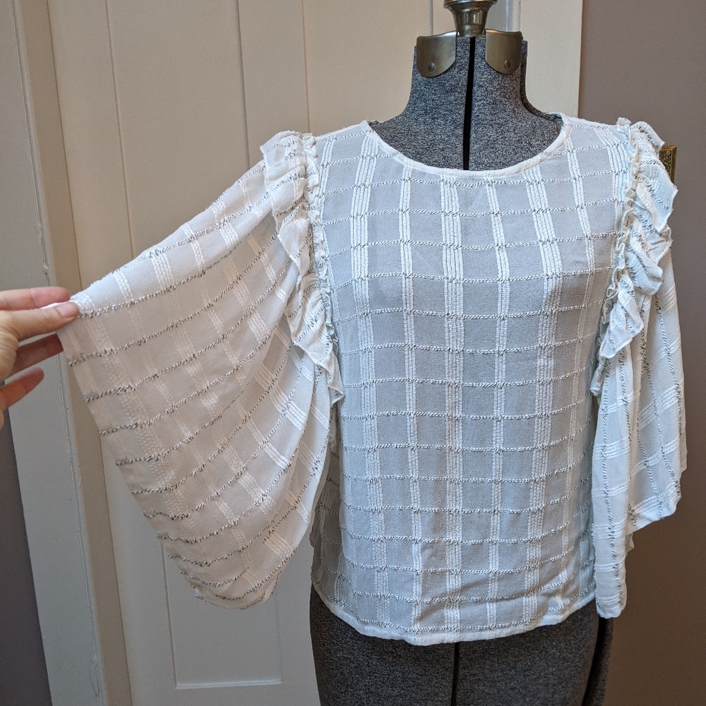 Part Two Copenhagen blouse with ruffled sleeves and textured windowpane pattern